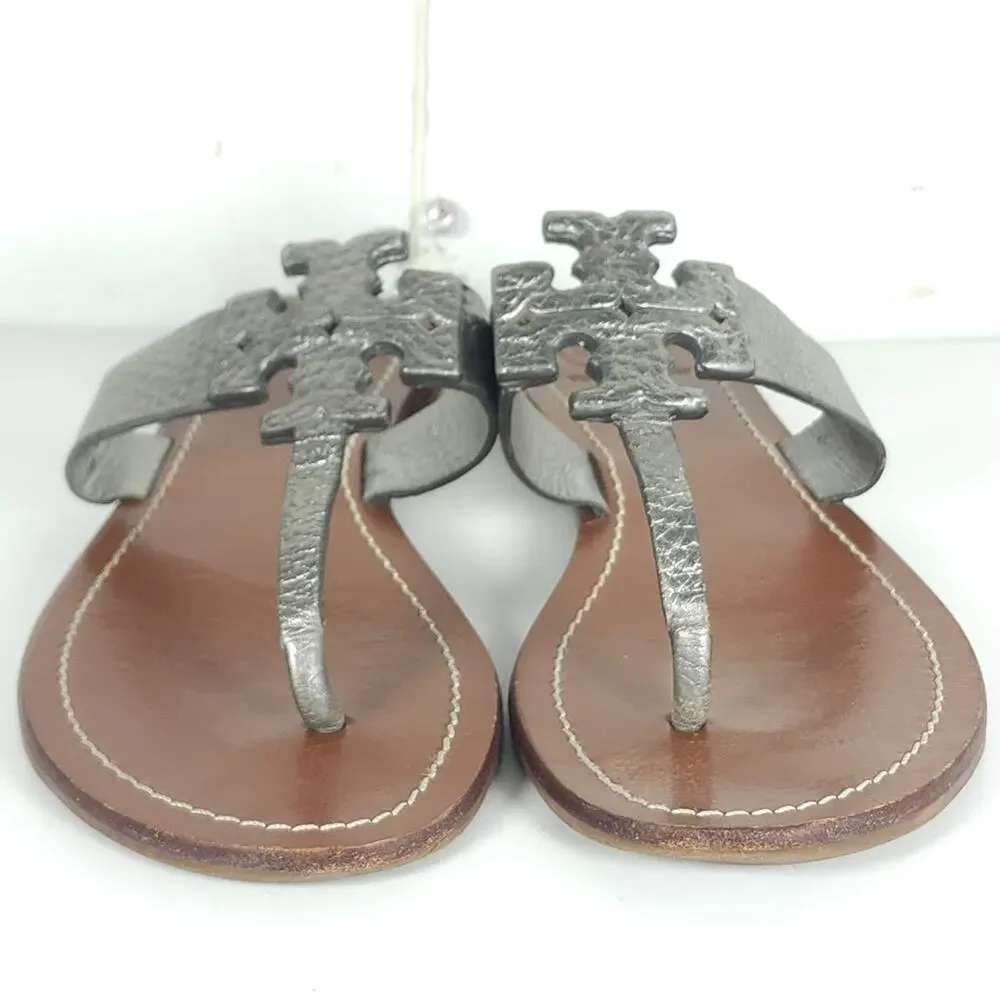 Tory Burch Women's Moore US 7M Metalic Pewter Leather SlipOn Flat Thong Sandals